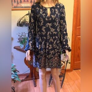 Abercrombie & Fitch Shift Dress Womens Small Navy Blue Paisley Zip Long Sleeve
